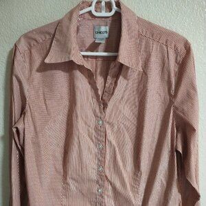 Chico's Button Down Red Stripes Shirt with Glittery Silver Thread